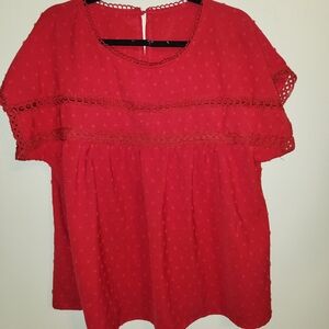 SHEIN Red Eyelet Trim Blouse